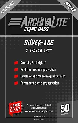 Silver Age Mylar Comic Bags (50) - Comic Clear - RESEALABLE Closure Type • $19.99