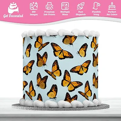 Orange Butterflies Theme Icing Wrap Edible Cake Decoration Sheet Printed Topping • £4.99