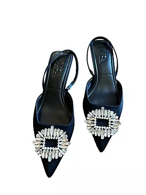 Zara Rhinestone Sling Back Kitten Heel Black Satin Shoes Size 39 • $60