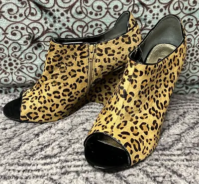 NINA New York Wedge Booties Leopard Print Fur Zip Ankle Shoe Boots Heels~ Sz 9.5 • $14.99