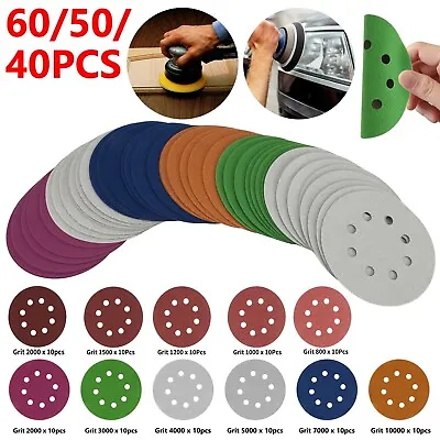 60/50/40x 5in 8 Hole Orbital Sander Paper Hook Loop Wet & Dry Sanding Discs Pad • $9.48