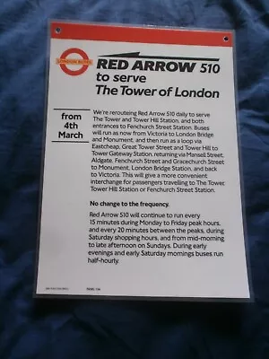 London Transport Bus Stop Timetable Panel Poster-Red Arrow Route 510 • £1.50