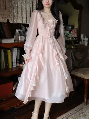 $93.10 • Buy  Evening Party Midi Dress Women Pink KoreanStyle Sweet Dress Female BubbleSleeve