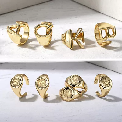 Men Women 14K Yellow Gold Plated Initia Letter A-Z Open Ring Adjustable Size  • $7.99