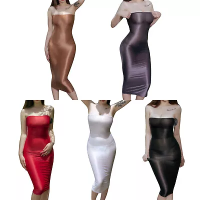 US Women Silk Strapless Bodycon Dress Semi See Through Glossy Lace Up Nightdress • $9.10