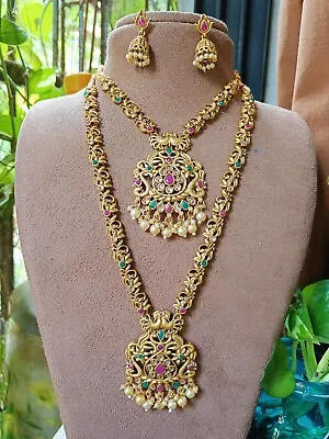South Indian Bollywood 22K Matt Gold Plated Long Temple Fashion Necklace Set New • £21.68