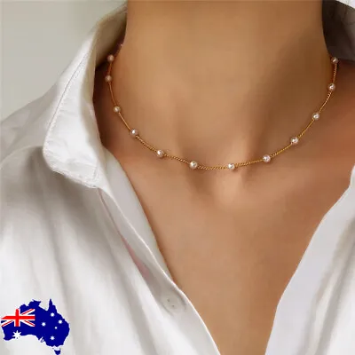Women Gold Silver Chain Gold Choker Clavicle Cute Pearl Charm Pendant Necklace • $5.99