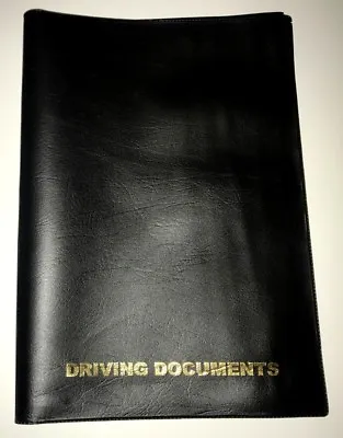 A5 BLACK LEATHER LOOK CAR DOCUMENT HOLDER + CARD POCKET - Printed In Gold • £3.99