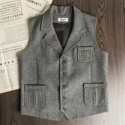 Mens Wool Tweed Herringbone Vest Retro Lapel Waistcoat Gilet Suit Formal Tops • $38.36