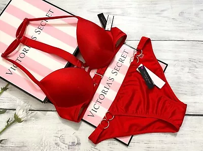 Victoria's Secret Shine Strap Fabulous Push Up Top Ring Bikini Swim Set Red • $71.37