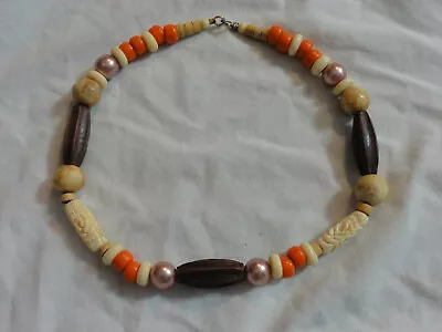 Vintage Wood / Faux Pearl ~ BEADED NECKLACE ~ Orange Brown Cream 16  • $5.99