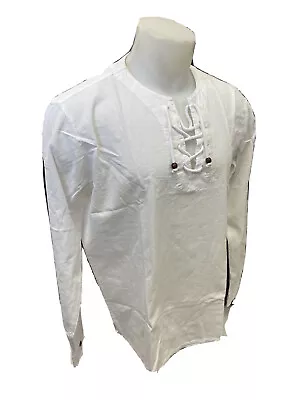 Mens Envy Lace Up Tunic Shirt WHITE Beach Top COTTON POCKET M L XL 2XL 3XL 41028 • $29.99