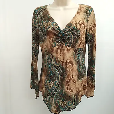 MKM Designs Top Womens Brown Blue Gold Size S Long Sleeve V Neck Shirt Ladies • $30