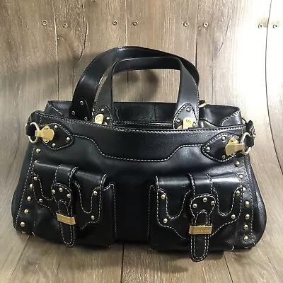 Michael Kors Black Leather Double Pockets Studs Satchel Handbag • $50