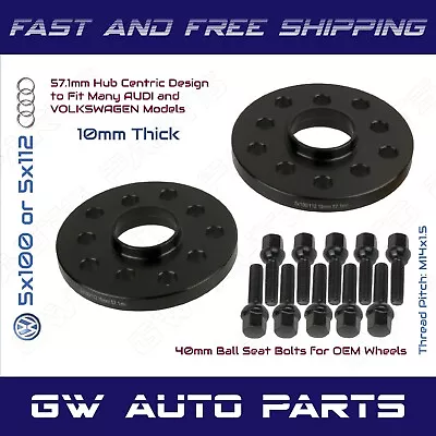 $59.86 • Buy 2pc 10mm 5x100/5x112 Audi Volkswagen Hub Centric Wheel Spacer Kit Ball Lug Bolt