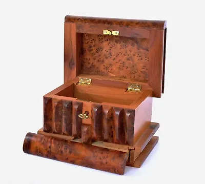 $150 • Buy Vintage Burl Wood Carved Jewelry Casket Trinket Puzzle Box Key