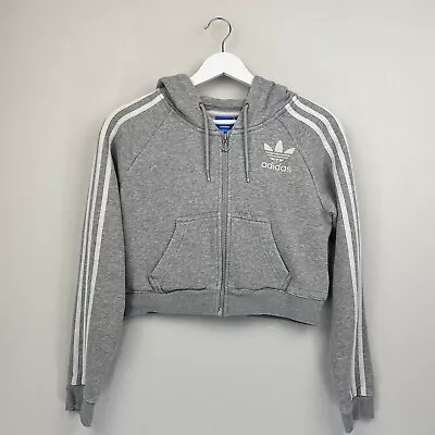 Adidas Hoodie Track Top Womens Size 6 Grey Print Logo Cropped Full Zip Gym • £9.99