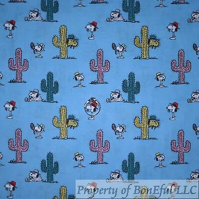 BonEful Fabric FQ Cotton Quilt Blue White Cactus Desert Sky Snoopy Peanuts Print • $5.07