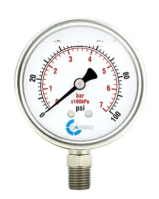 2-1/2  Pressure Gauge Stainless Steel Case Liquid Filled Lower Mnt 100 PSI • $11.95