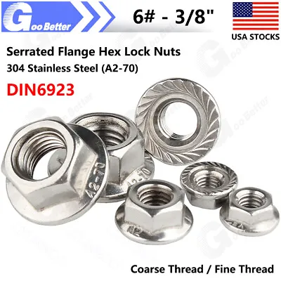  6# - 3/8  Serrated Flange Hex Lock Nuts 304 Stainless Steel Coarse/Fine Thread • $6.99
