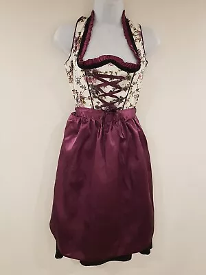 Vintage Dress Floral Dirndl Oktoberfest Apron Corset Purple Pockets Size 12 Folk • $72.76