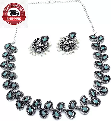 Pure German Silver Oxidized Plated Stone Choker Chain Necklace With Jhumka Earri • $125.69