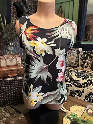 Vintage MAKAI BEACH Tank Top S Black Tropical Print Bold Beautiful Rayon Aloha • $15.99