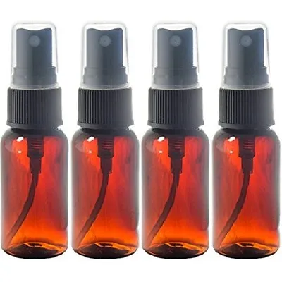 4 Amber 1oz Boston Round Glass Bottle Black Spray Fine Ribbed Mist Sprayer 30ml • $6.99