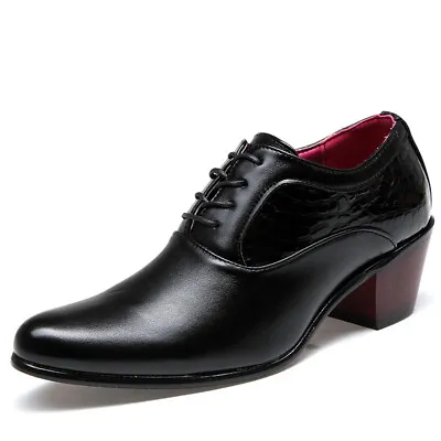 Fashion Men Casual Black Dress Formal Shoes High Cuban Heel Lace Up Oxford Shoes • $68.60