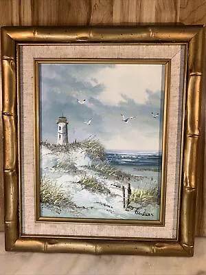 Vintage Oil Painting Signed Lighthouse Gulls  • $185