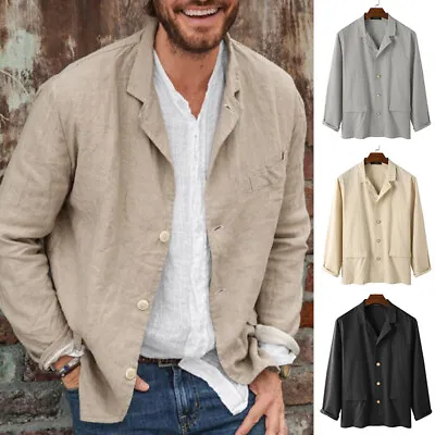 Mens Button Down Linen Cotton Shirt Tops Casual Blazer Jacket Long Sleeve Blouse • $30.41