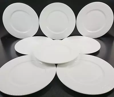 8 Mikasa Stanton Dinner Plates Set White Emboss Criss Cross Bone China Dish Lot • $109.67