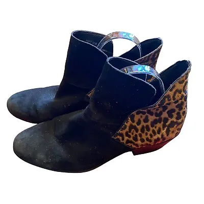 Me Too Black Suede Leopard Animal Print Pull On Ankle Bootie Shoes CD Sz 11M • $37.44