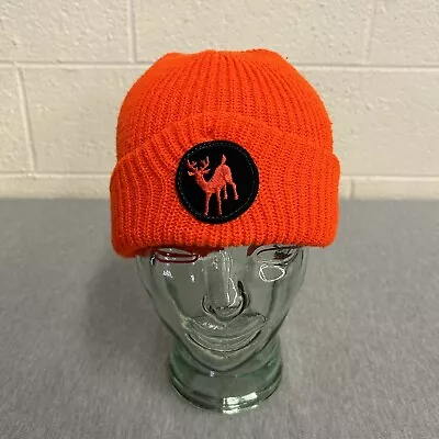 Deer Patch Orange Knit VTG Stocking Cap Winter Beanie Toque • $19.99