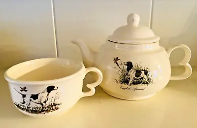 Vintage English Spaniel English Pointer Ceramic Porcelain Teapot & Teacup Set • $11