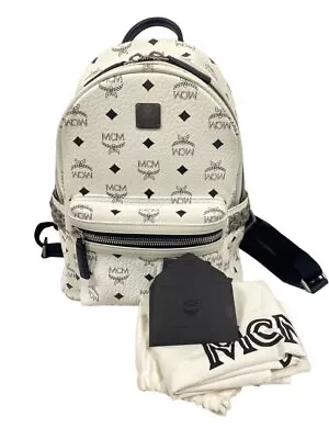 MCM Stark Monogram Rucksack Backpack PVC Studs Leather White MMK6SVE38WT001 • $399.99