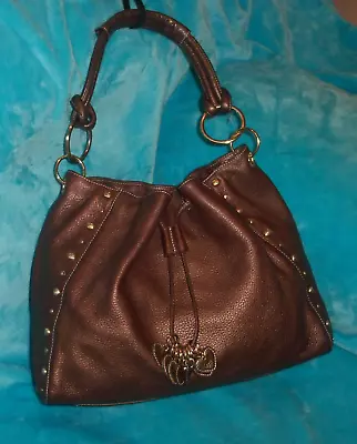 LOVCAT PARIS Brown Pebble Leather Large Hobo Shoulder Bag - Gold Heart & Studs • $34