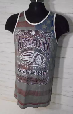 AFFLICTION T-Shirt Co. AMERICAN FLAG Skull Indian Motorcycle Tank Top SMALL Men • $39.99