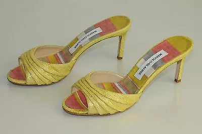 $725 NEW MANOLO BLAHNIK Yellow Linen Mules Slides Sandals SHOES Bb Heels 37 . • $365