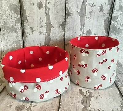 Handmade Fabric Toy Storage Basket Tub - Red Linen Toadstools Fairy Nursery  • £8