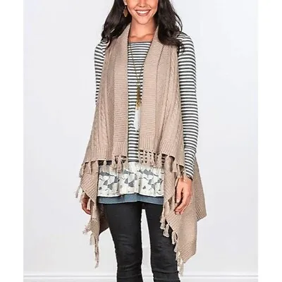 Matilda Jane Size S Cable Knit Mind's Eye Sweater Vest Cardigan Fringed Beige  • $20.92