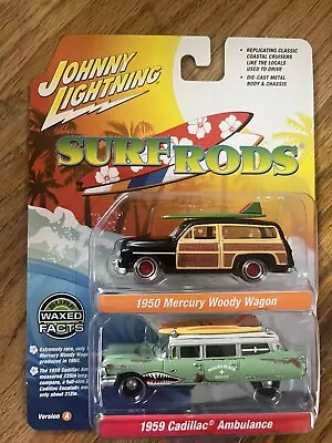 Johnny Lightning Surf Rods Mercury Woody Wagon & Cadillac Ambulance 2Pk 1:64 Car • $15