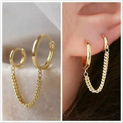 £2.75 • Buy 1 Pair Women MEN Double Hoop Huggie With Chain Drop Dangle Earrings Jewelry UK