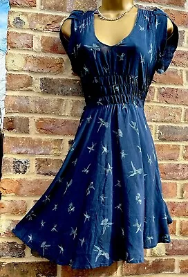 Warehouse 100%  Gauzy Silk Pretty Blue Bird Print Smocked Stretch Dress  UK  10 • £14