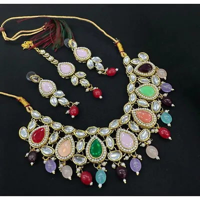 Indian Bollywood Gold Plated Kundan Choker Bridal Necklace Pearl Jewelry Set • $22.49