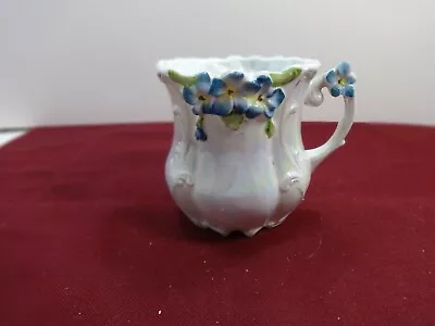 Vintage BLUE FLOWERS MUSTACHE Lusterware Cup Mug 3.25  H Hand Painted Floral • $11.25