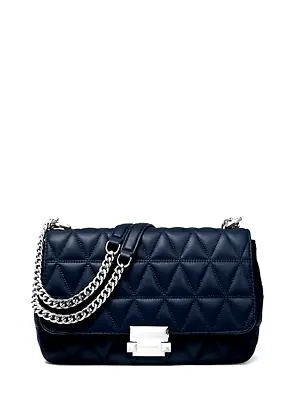 NWT  MICHAEL MICHAEL KORS Sloan Large Quilted Leather Shoulder Bag BLACK/SILVER • $299