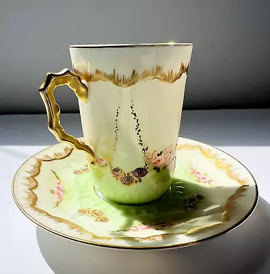 Atq AK LIMOGES France Hand Painted Gold FLOWERS Set Demitasse Cup & Saucer Green • $75