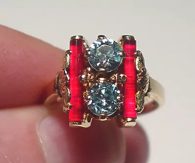 Art Deco 10k Gold Blue Zircon & Ruby Ring • $1225