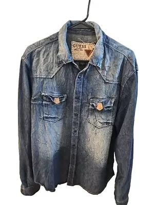 Vtg Guess Shirt Mens XL Blue Denim Chambray Distressed • $29.95